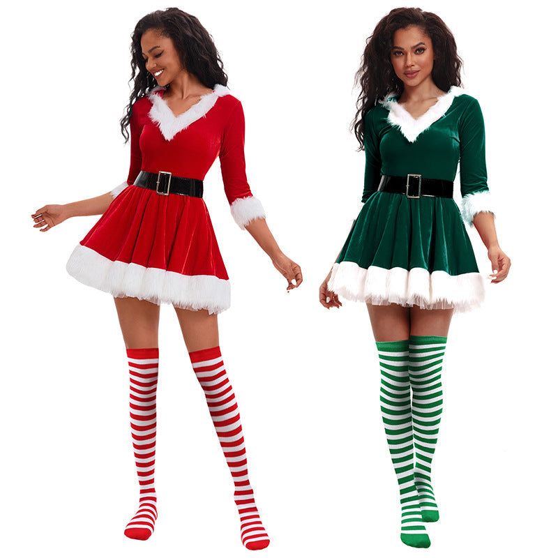 European and American Christmas clothing adult women's hooded Christmas skirt red and green dress performance clothing a generation of hair