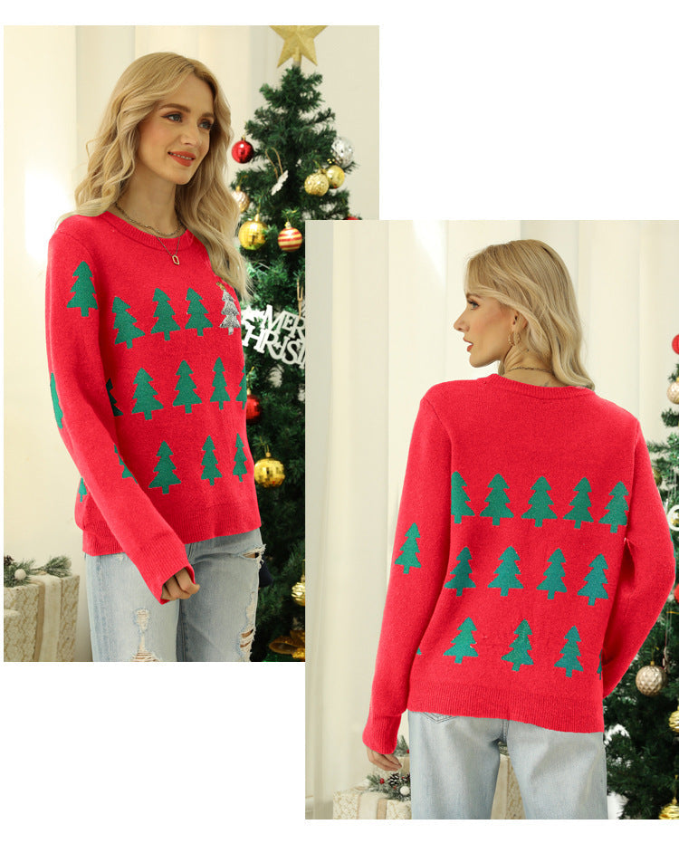 Shein Amazon European and American Women's Autumn and Winter Pullover Jacquard Christmas Tree Knitted Shirt Long Sleeve Red Christmas Sweater