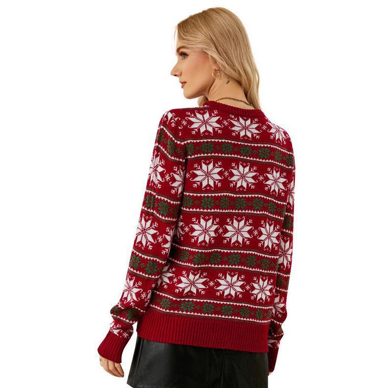 2023 Amazon European and American Crewneck Christmas Red Knitted Shirt Christmas Long Sleeve Little Snowflake Christmas Sweater