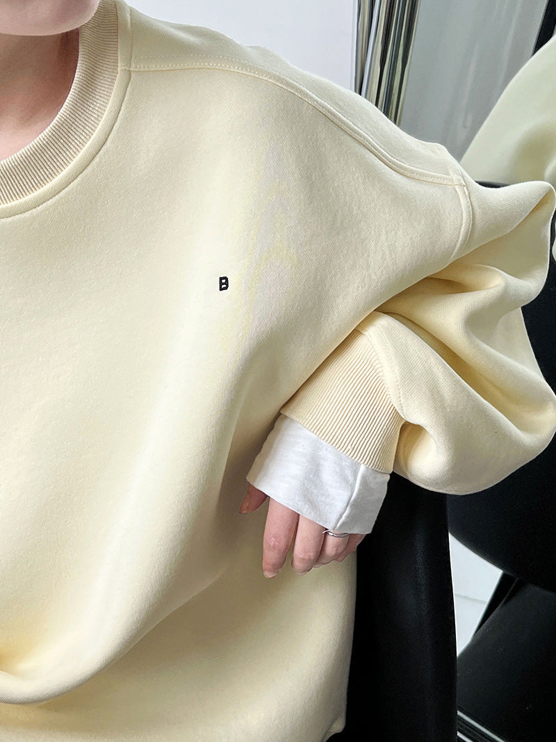 Luxi Simple Profile Loose BF Solid Color Lazy Pullover Sweatshirt Women's ins Letter Embroidered Long-sleeved Top 2267