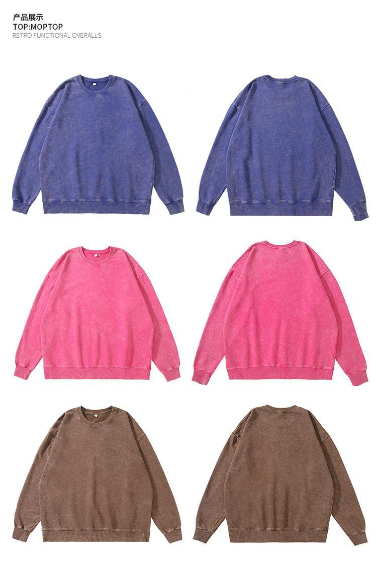 Trendy Brand Heavyweight Pure Cotton Terry 400g Washed Distressed Crew Neck Sweatshirt Hoodie Retro Sweatshirt with Printed Logo