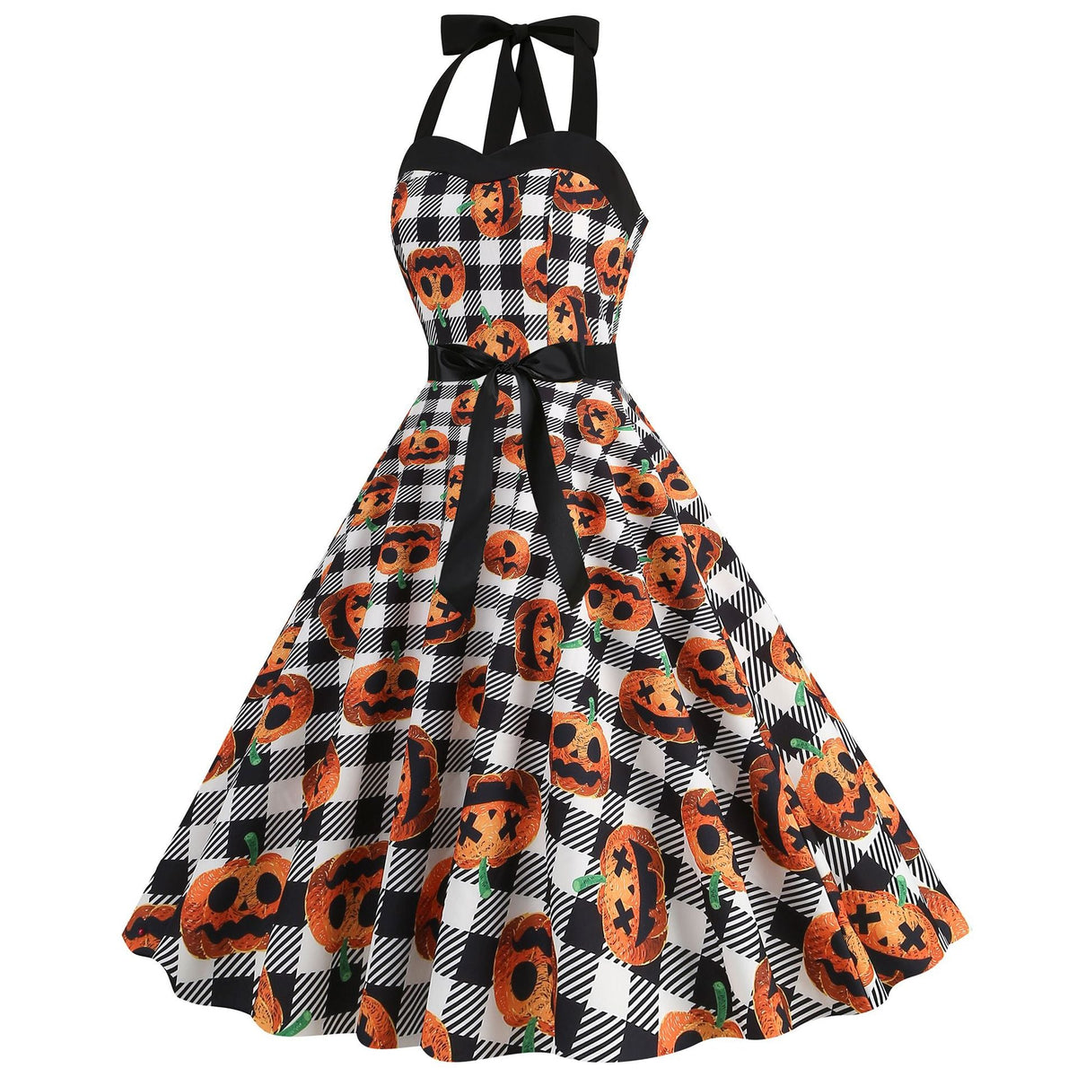 Factory direct supply 2024 Halloween new Hepburn style high waist slim hanging neck large swing long retro dress