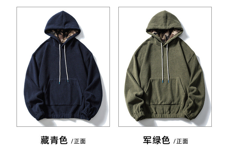 Black Fleet American Casual Style Unisex Versatile Hooded Warm Top Couple Style Hiking Fleece Solid Color Sweatshirt