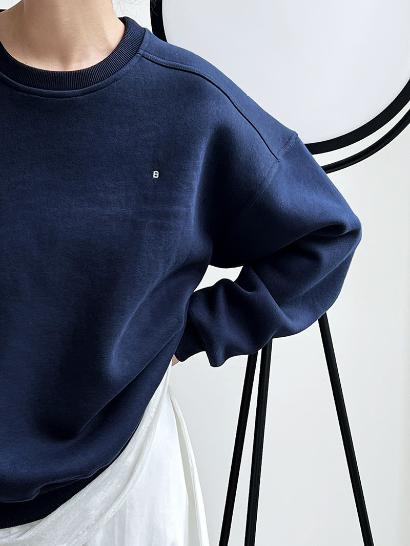 Luxi Simple Profile Loose BF Solid Color Lazy Pullover Sweatshirt Women's ins Letter Embroidered Long-sleeved Top 2267