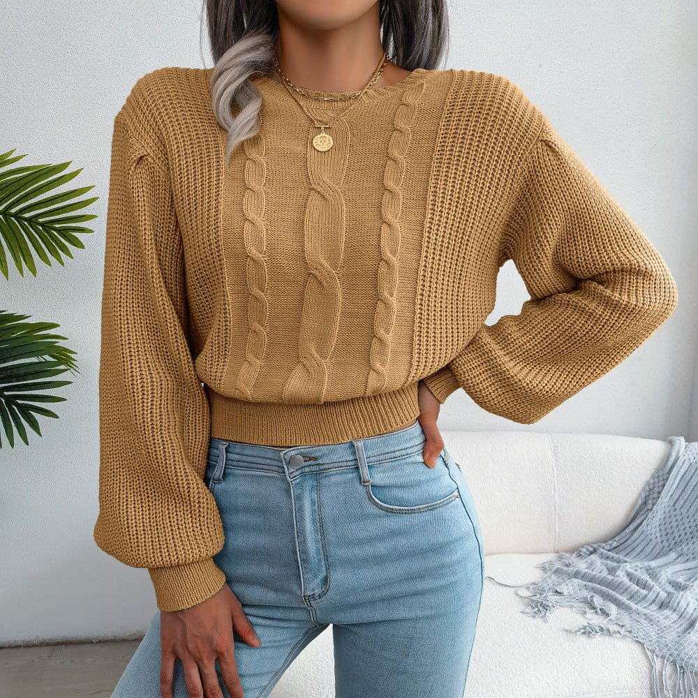 ins Style Real Shot Autumn and Winter European and American Leisure Twist Lantern Sleeve Waist Knitted Sweater Amazon Cross-border Women's Wear