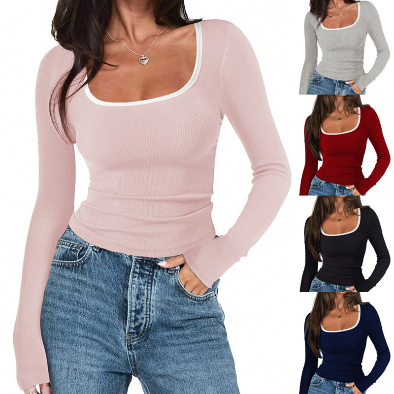 Square Collar Pullover Multicolor Solid Color Slim Fit Long Sleeves Top
