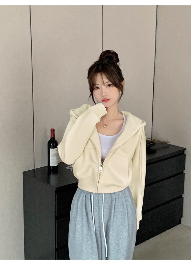 Early Spring Short Hooded Sweatshirt Jacket for Petite Women, Spring Outfit 2026 New Style, Regular Shoulder Cardigan for Spring and Autumn