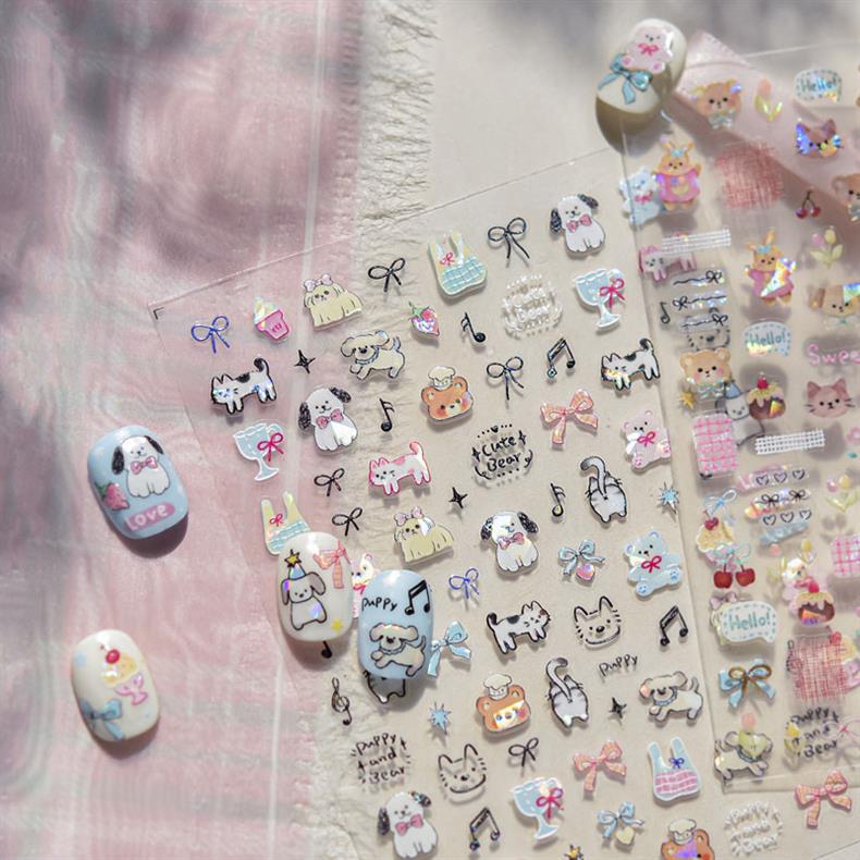 Cute Pet Graffiti Nail Art Stickers Embossed 3D Stereo 5D Cute Little Panda Cat Dog Nail Sticker Decoration