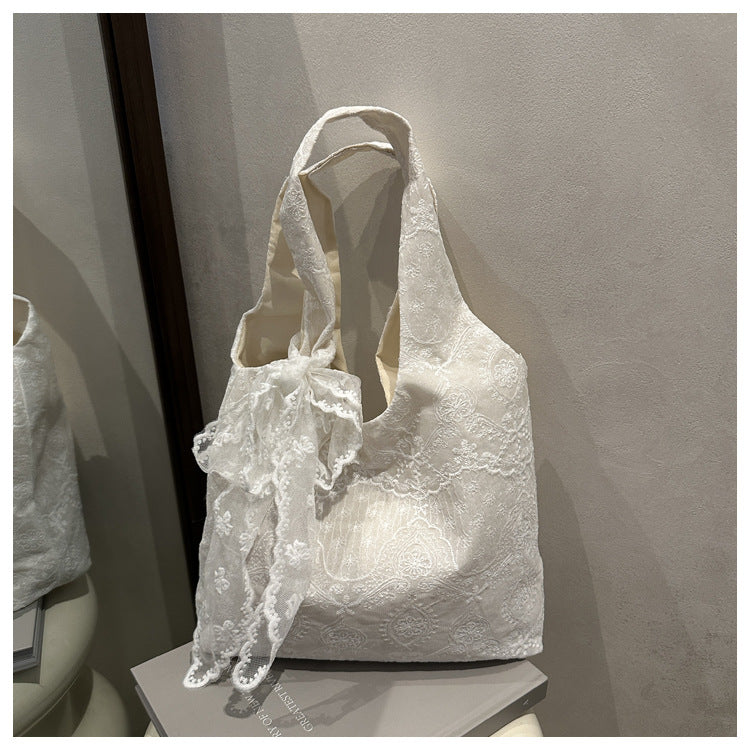 Korean Style Small Fresh Lace Flower Canvas Bag 2025 New Large Capacity Commuter Lazy Style Single Shoulder Large Tote Bag