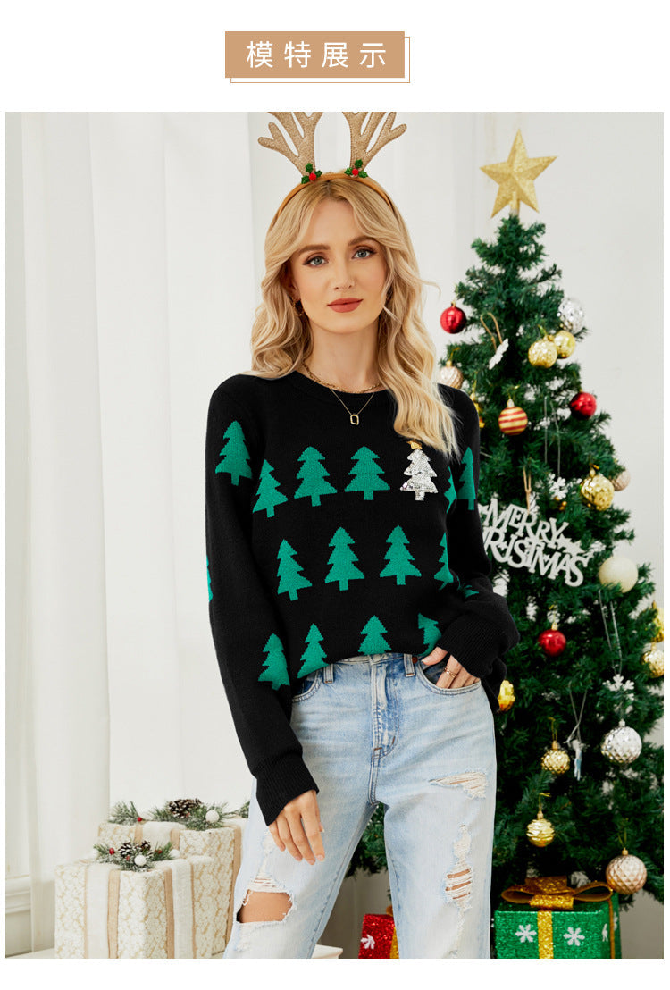Shein Amazon European and American Clothing Autumn and Winter Pullover Jacquard Christmas Tree Knitwear Long-Sleeved Red Christmas Knitwear