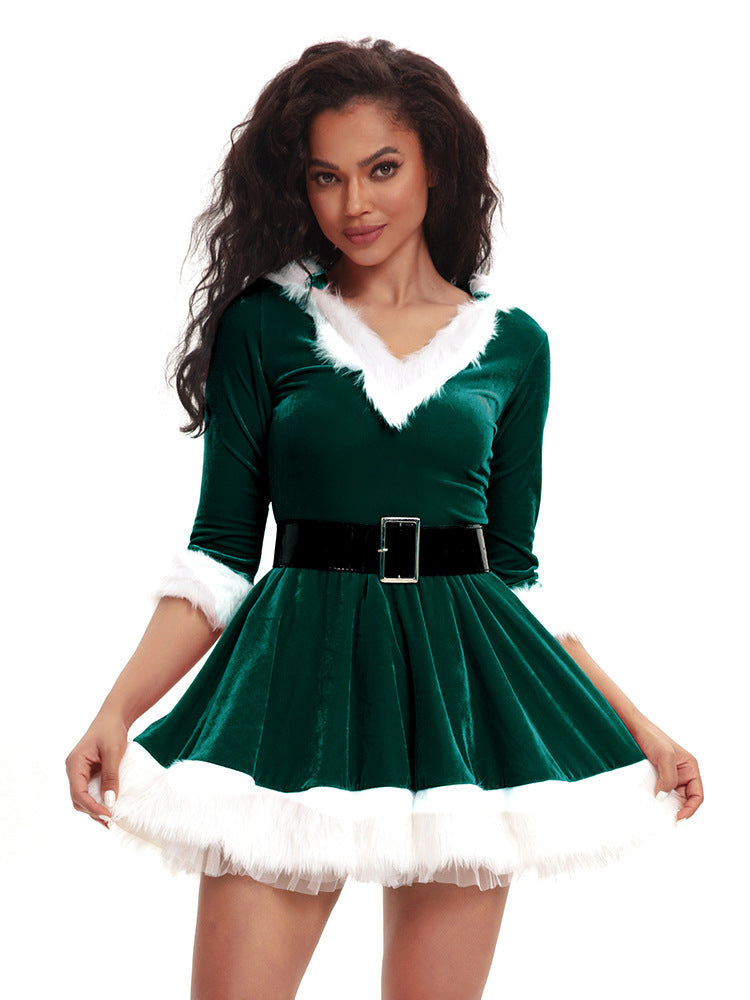European and American Christmas clothing adult women's hooded Christmas skirt red and green dress performance clothing a generation of hair