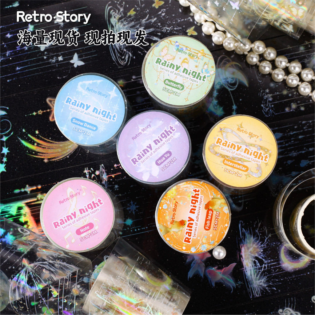 Retrostory Rainy Night Series Laser Tape Stickers with Silver White Die-Cut Pet Tape for Journaling and Ins Material Stickers