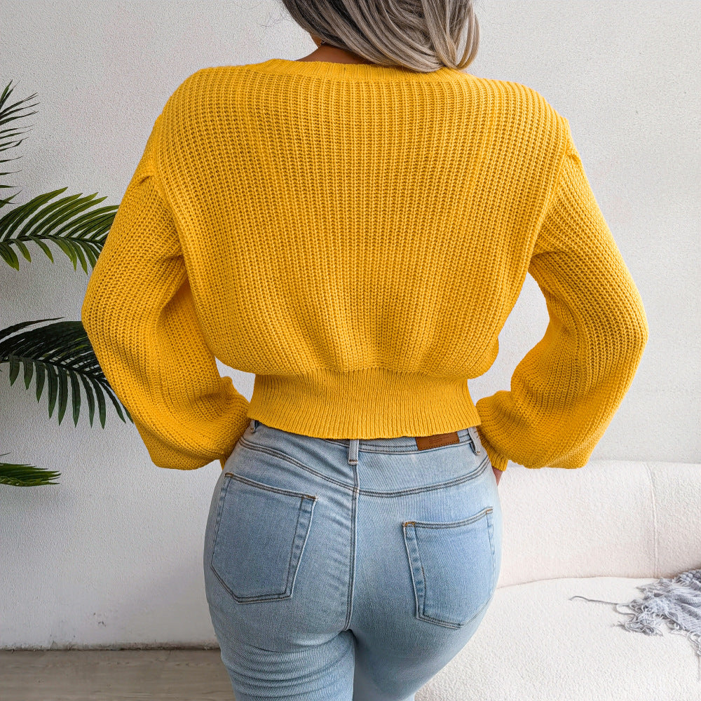 ins Style Real Shot Autumn and Winter European and American Leisure Twist Lantern Sleeve Waist Knitted Sweater Amazon Cross-border Women's Wear