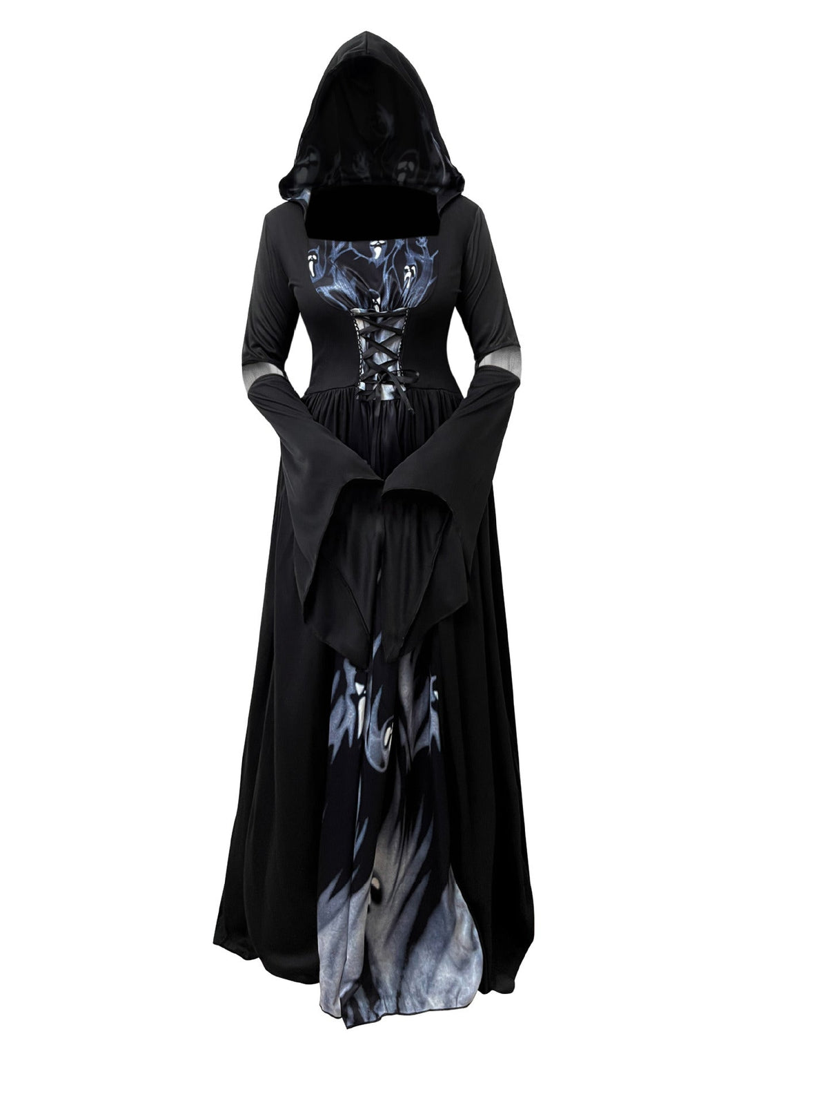 2025 New Halloween Witch Dress Hooded Skeleton Witch Magician Cosplay Stage Performance Costume