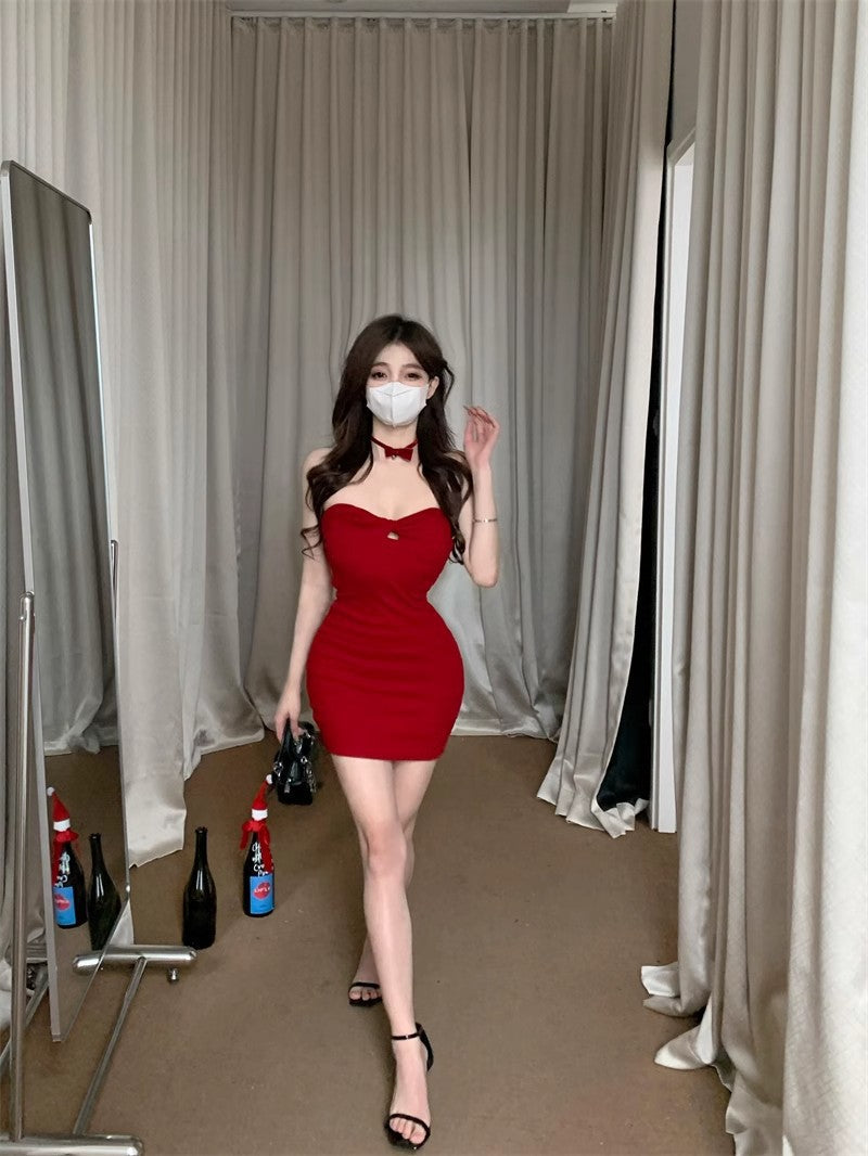 Pure Desire Christmas Red New Year's Shirt Hot Girl Tube Top Hollow Dress Spring and Autumn New Style Inner Layering Hip Skirt