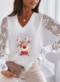 Autumn and Winter New Christmas Personalized Print European and American Cross-border Lace All-match Long-sleeved Women's T-shirt Top