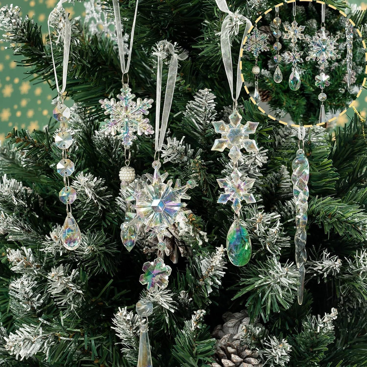 18Pcs Christmas Tree Decoration Crystal Christmas Decorations Hanging Acrylic Snowflakes and Icicles Christmas Tree Pendants
