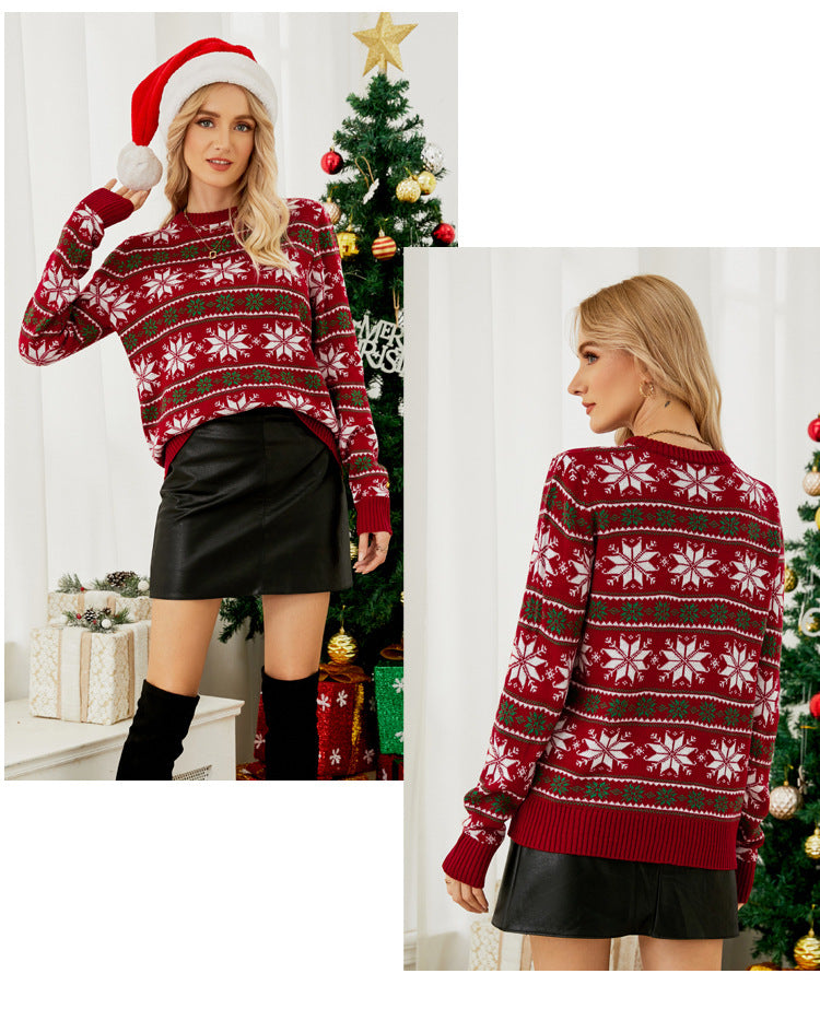 2023 Amazon European and American Crewneck Christmas Red Knitted Shirt Christmas Long Sleeve Little Snowflake Christmas Sweater