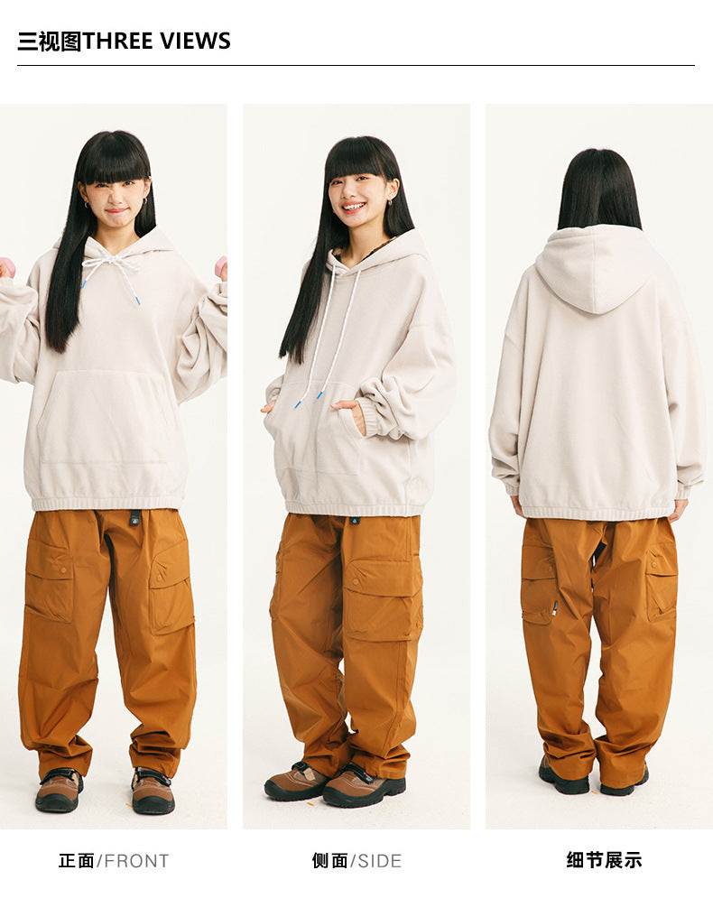 Black Fleet American Casual Style Unisex Versatile Hooded Warm Top Couple Style Hiking Fleece Solid Color Sweatshirt