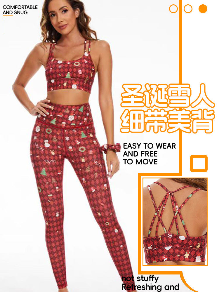 Foreign Trade Cross-border European and American Printed Plaid Sports Bra Underwear Women's Running Fitness Pants Yoga Clothes Quick-drying suit