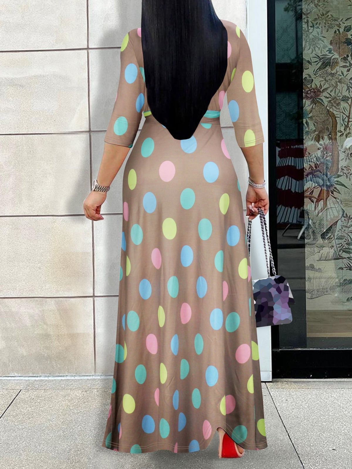 Cross-border Amazon Europe and the United States for Spring, Summer and Autumn Women's Fashion Elegant V-neck Middle Sleeve Casual Long dress