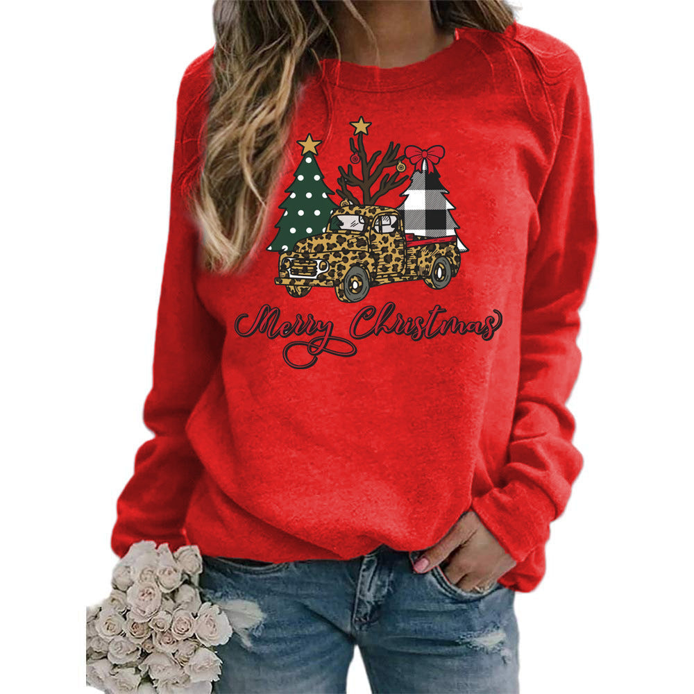 Europe and the United States foreign trade cross-border supply Christmas tree merry Christmas printed round neck sweater women's top