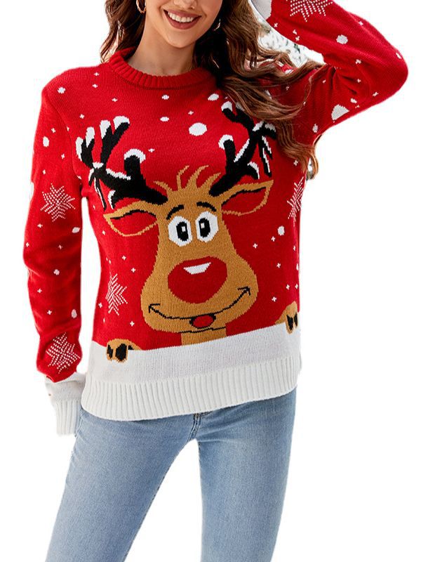 Amazon European and American Cartoon Elk Christmas Sweater Autumn and Winter 2023 New Foreign Trade Casual Round Neck Knitted Top