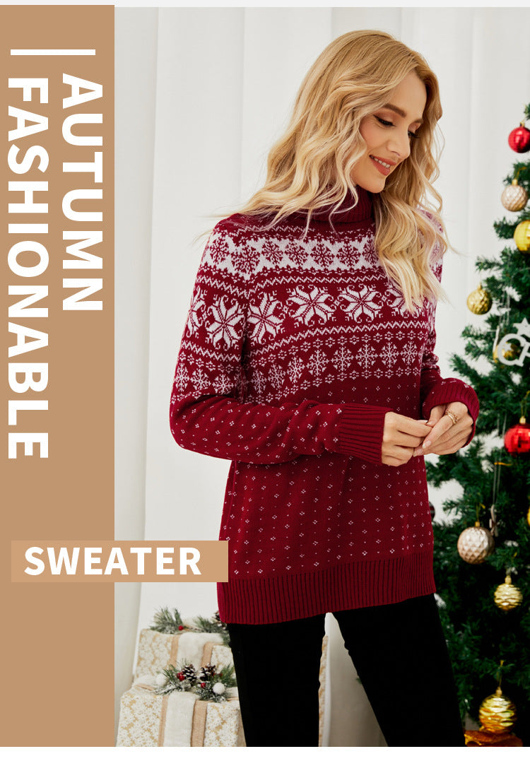 Cross-Border Autumn and Winter New Jacquard Pullover Red Turtleneck Christmas Sweater European and American Foreign Trade Snowflake Knitted Bottoming Shirt