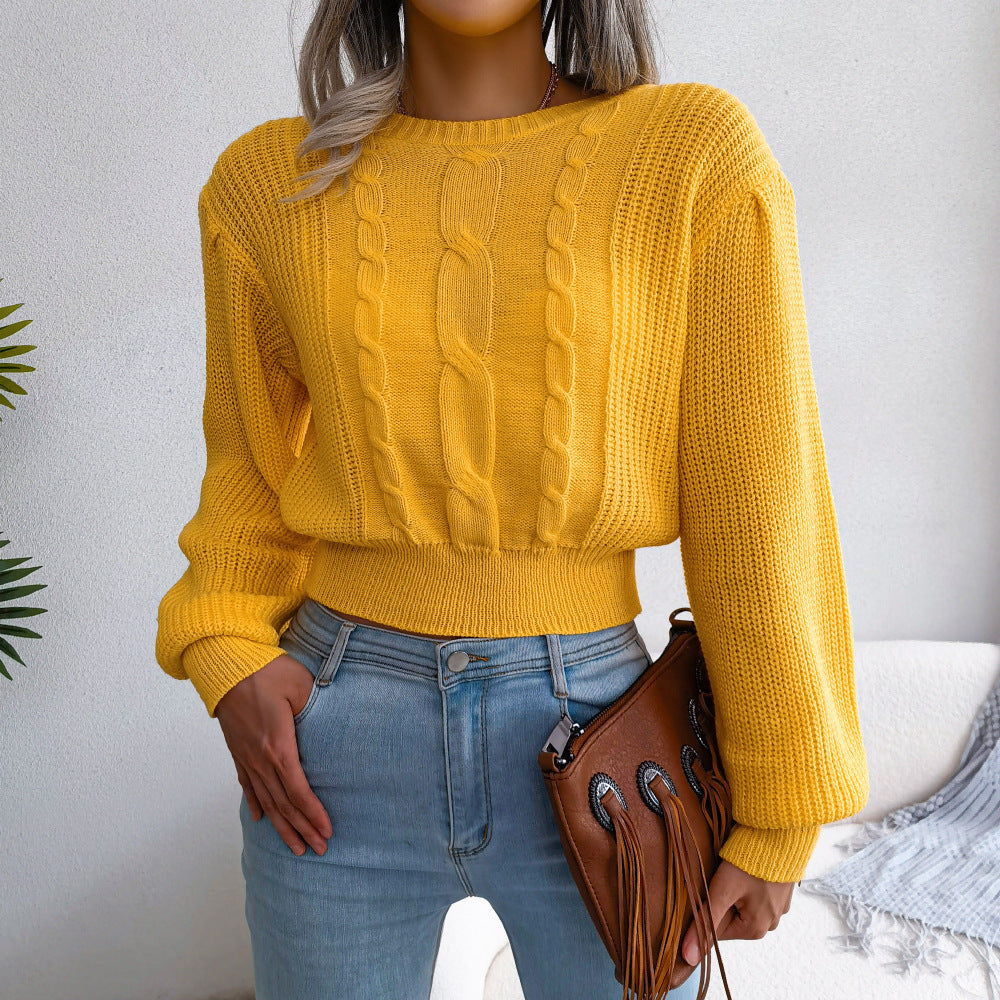ins Style Real Shot Autumn and Winter European and American Leisure Twist Lantern Sleeve Waist Knitted Sweater Amazon Cross-border Women's Wear
