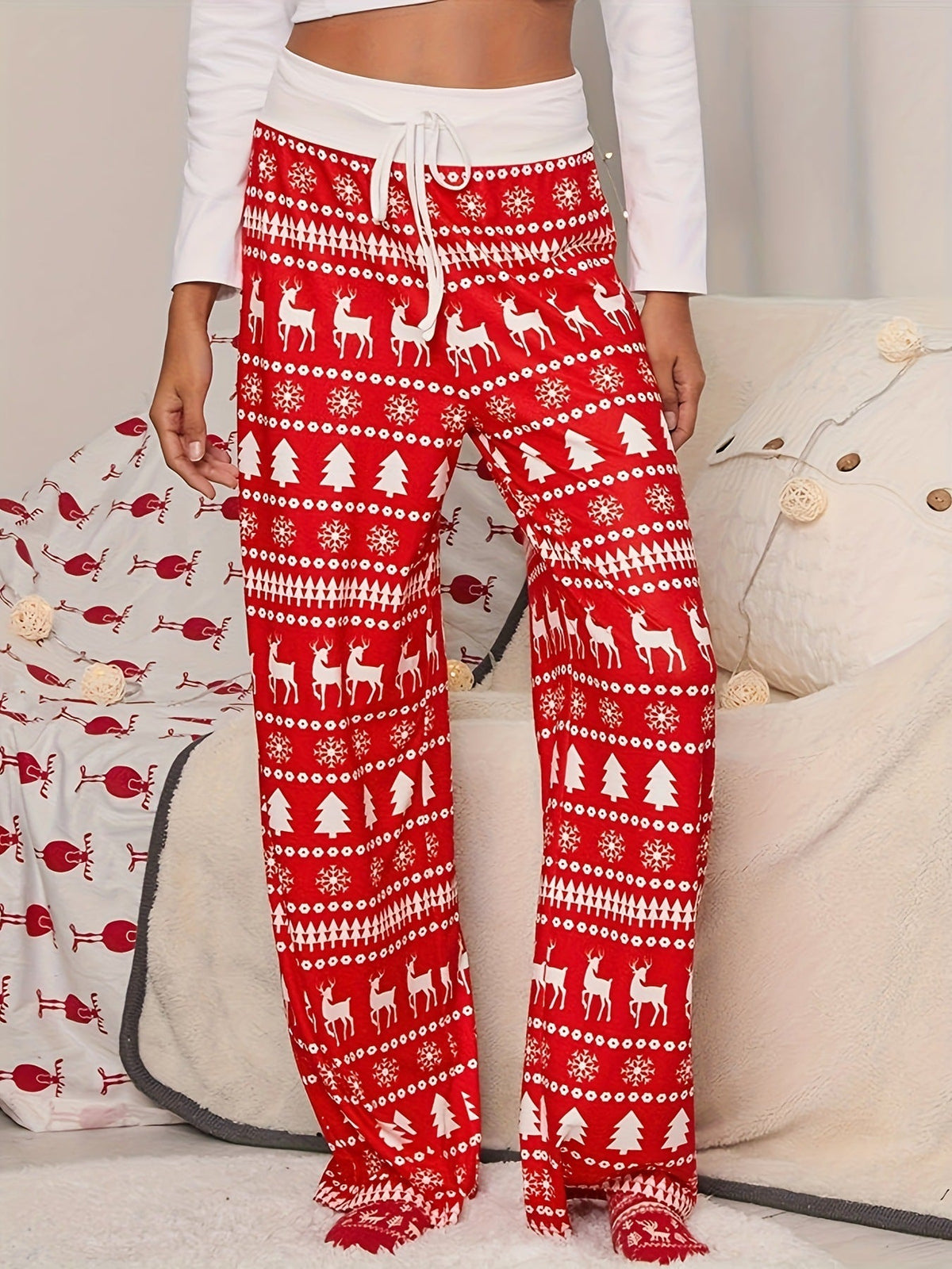 Cross-border Christmas Trousers for Christmas Performance High Waist Lace-up Stitching Elk Christmas Tree Printed Red Trousers