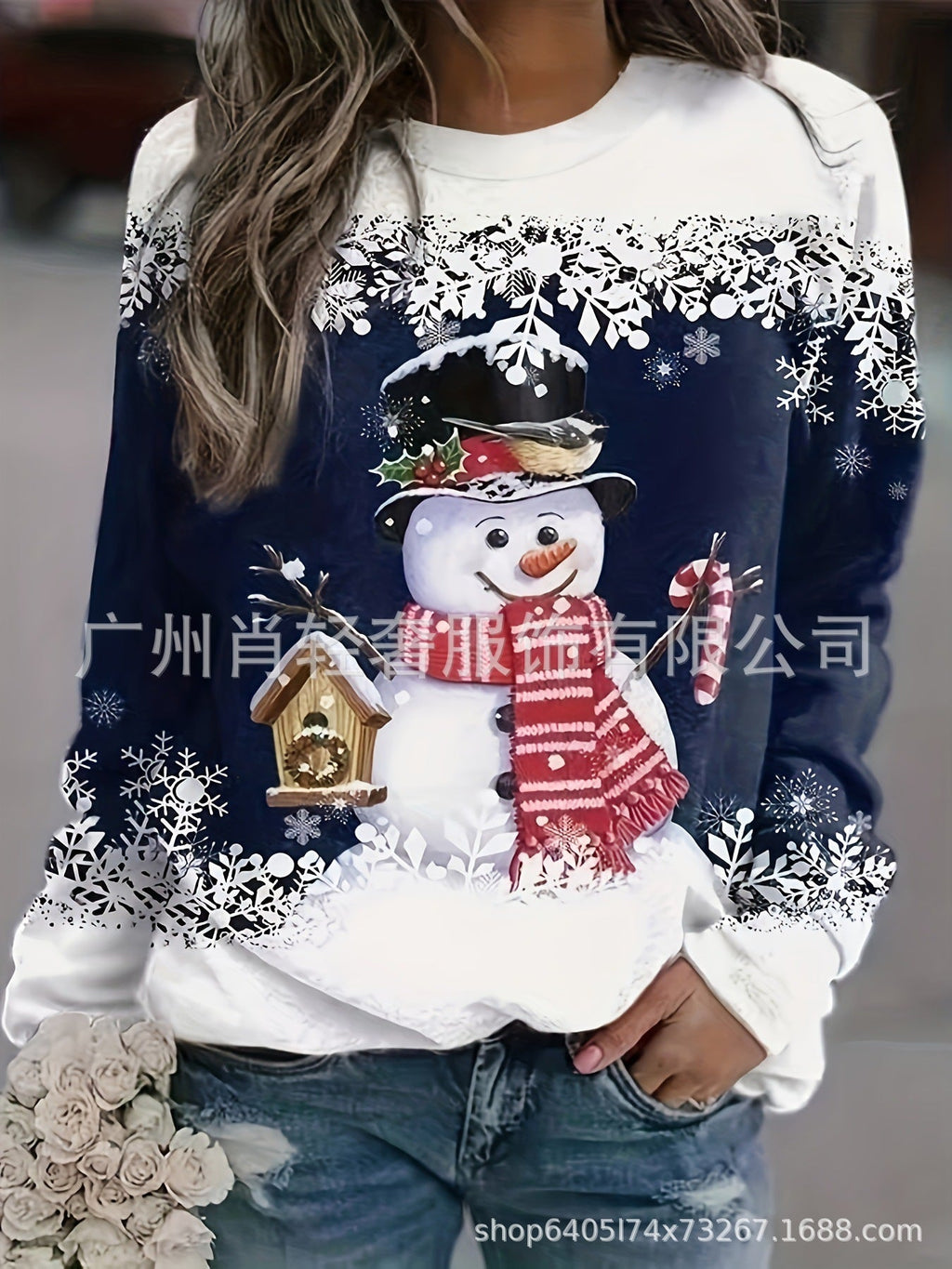 Cross-border women's Christmas printed long-sleeved round-neck sweater, make Christmas explosives in advance.