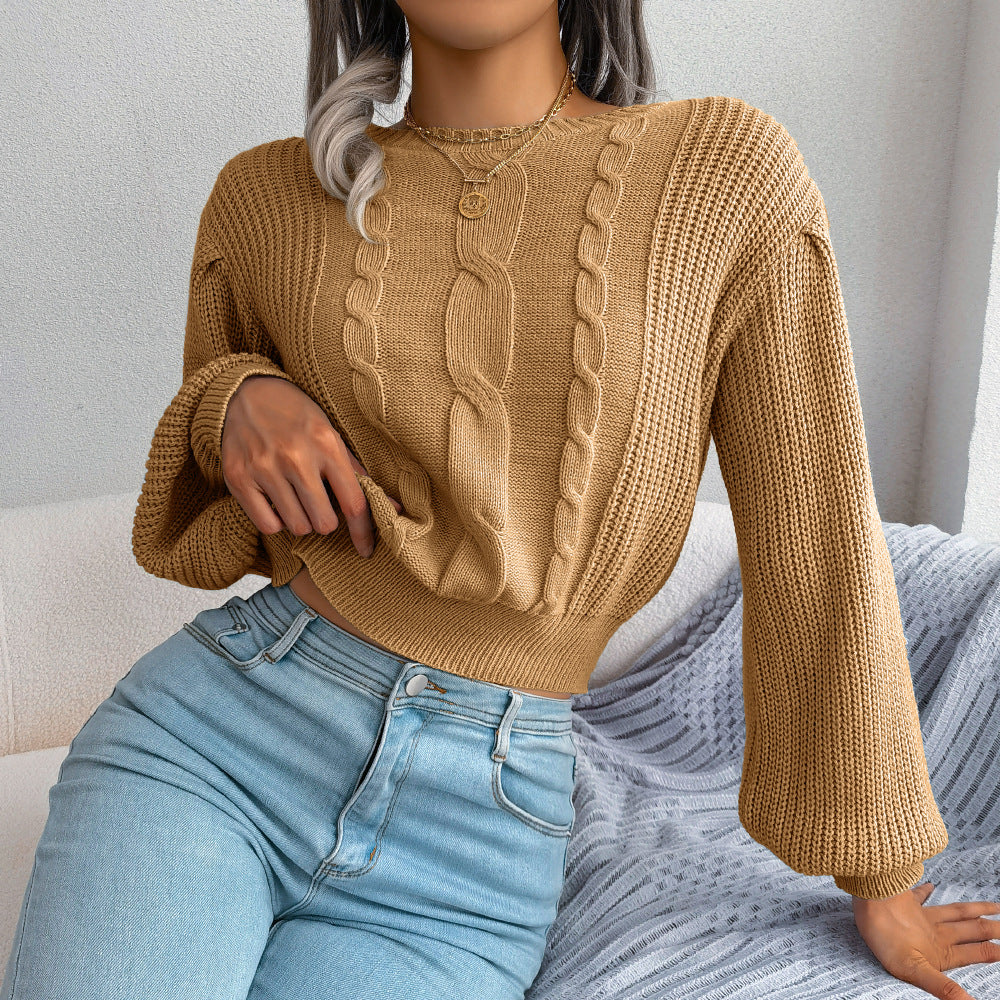 ins Style Real Shot Autumn and Winter European and American Leisure Twist Lantern Sleeve Waist Knitted Sweater Amazon Cross-border Women's Wear