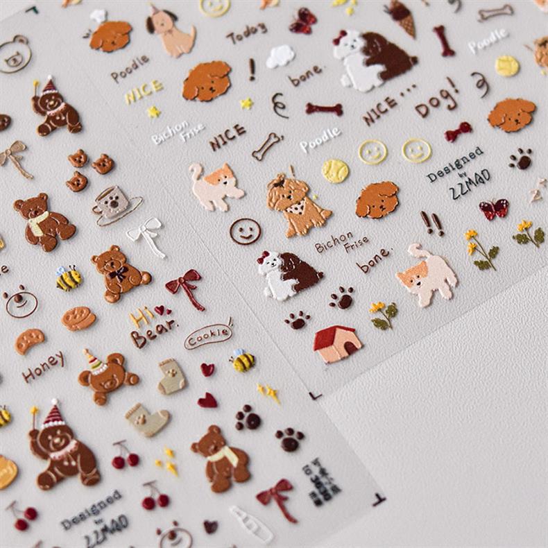 Cute Puppy Bear Nail Art Sticker Tomoni Embossed Adhesive 5D Cute Pet Nail Sticker Nail Art Decoration
