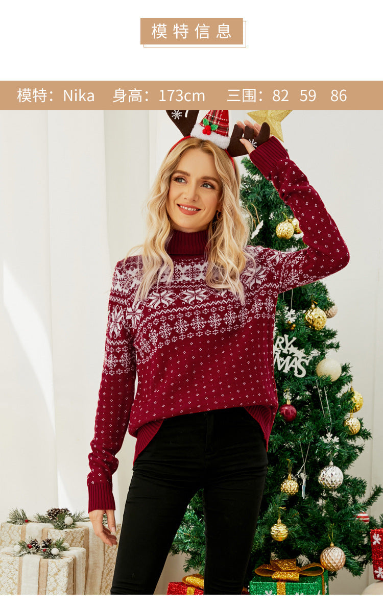 Cross-Border Autumn and Winter New Jacquard Pullover Red Turtleneck Christmas Sweater European and American Foreign Trade Snowflake Knitted Bottoming Shirt