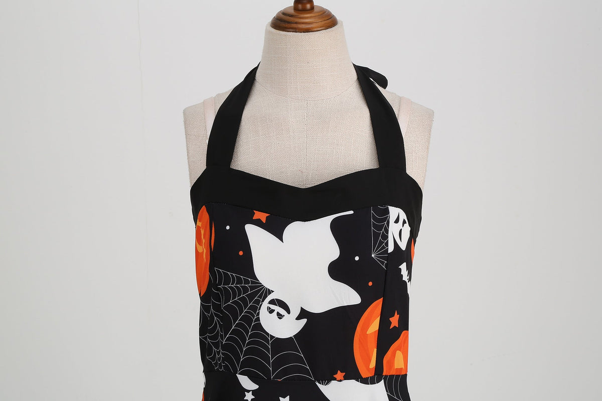 Factory direct supply 2024 Halloween new Hepburn style high waist slim hanging neck large swing long retro dress