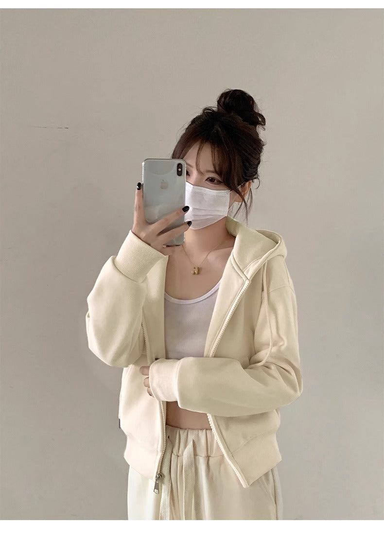 Early Spring Short Hooded Sweatshirt Jacket for Petite Women, Spring Outfit 2026 New Style, Regular Shoulder Cardigan for Spring and Autumn