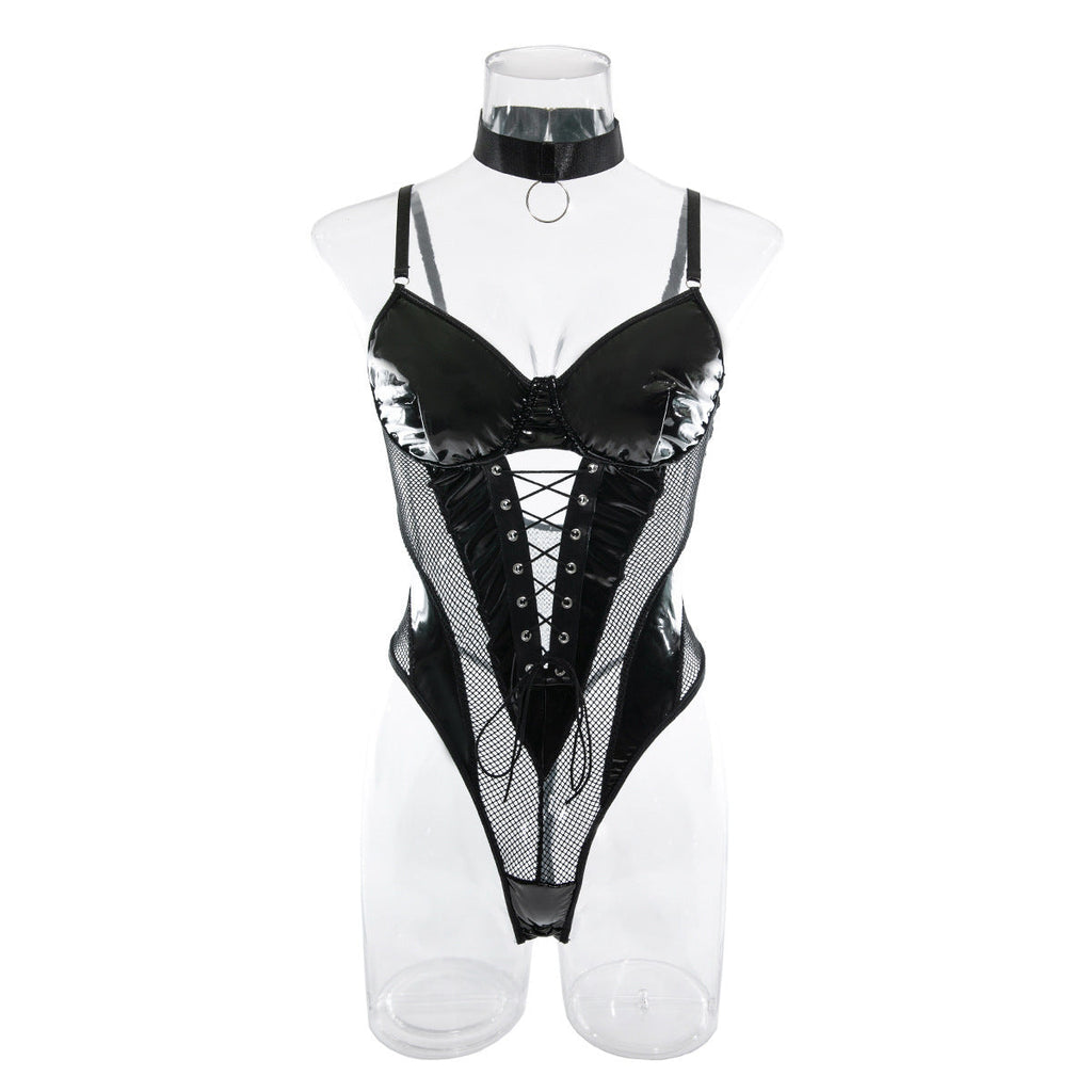 Europe and the United States cross-border supply nightclub hot girl PU leather mesh stitching strap waist backless sexy jumpsuit women's in stock