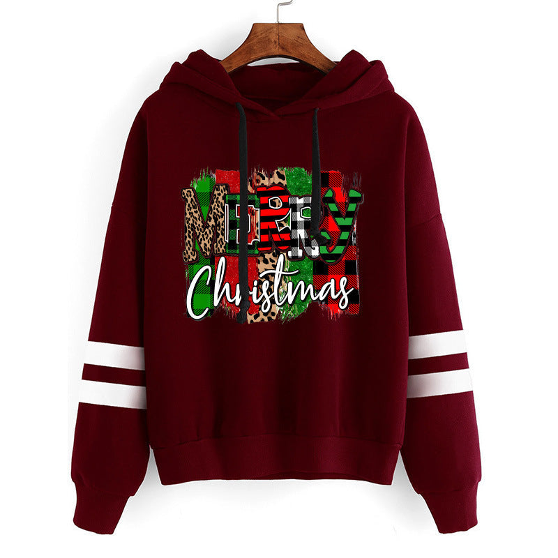 Cross-border European and American Foreign Trade Christmas Merry Christmas Printed Parallel Bars Hooded Sweat European Code plus size