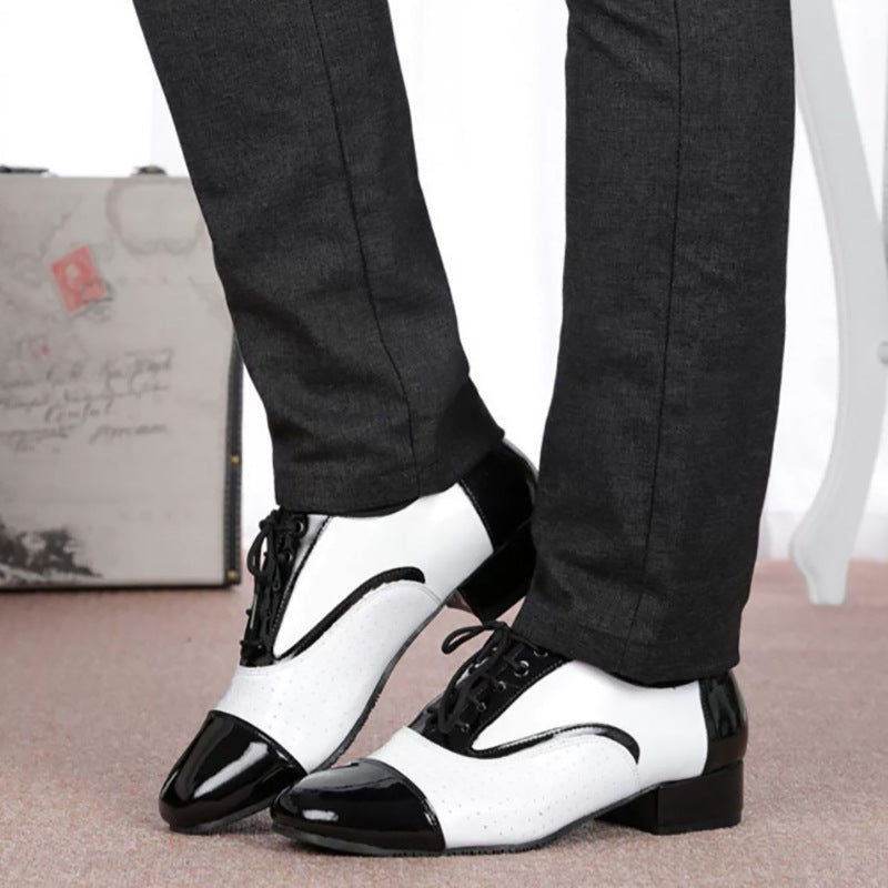 Latin dance shoes men's leather black and white international dance shoes square dance adult breathable soft bottom modern dance ballroom dance