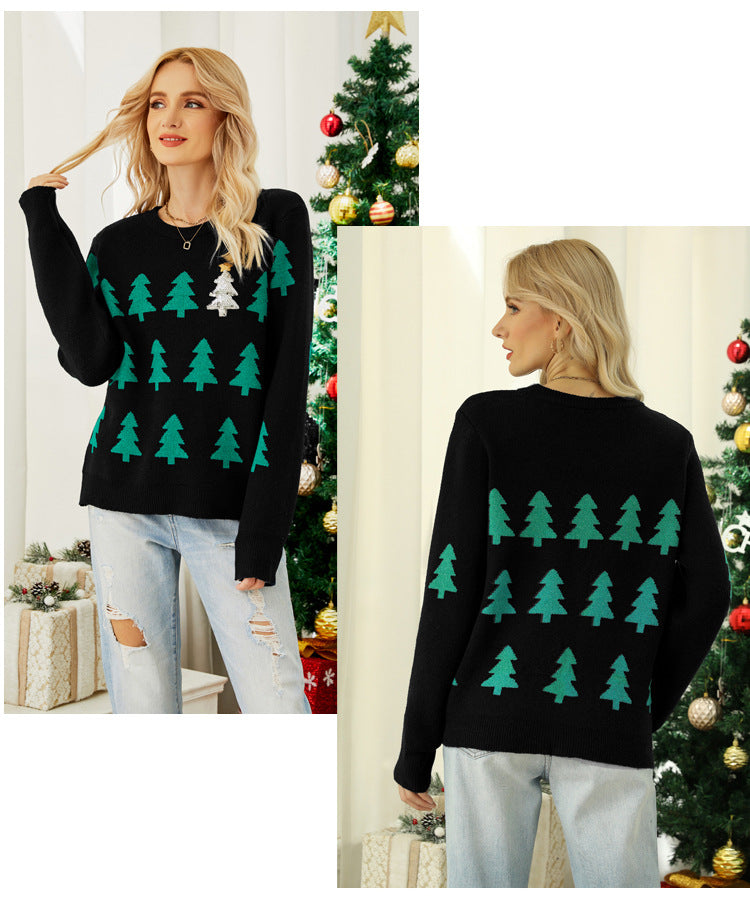Shein Amazon European and American Women's Autumn and Winter Pullover Jacquard Christmas Tree Knitted Shirt Long Sleeve Red Christmas Sweater