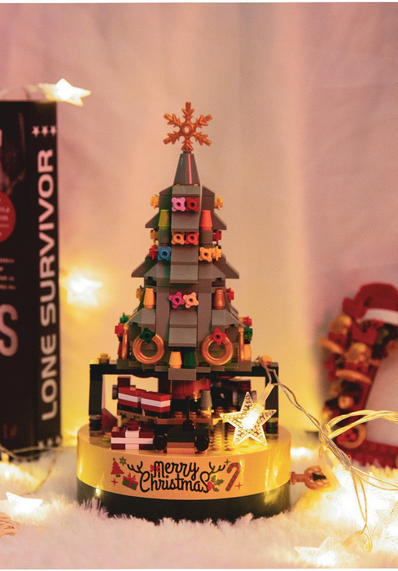 [Free Shipping] Genuine Jiaqi 1302 Colorful Christmas Tree Building Blocks Rotating Music Box Chinese Christmas Building Blocks Gift