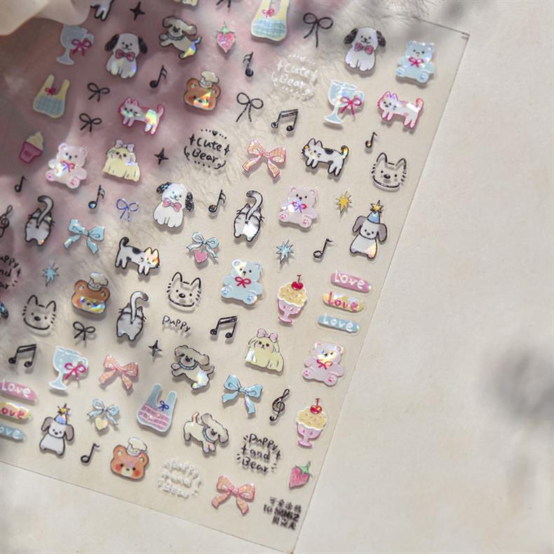 Cute Pet Graffiti Nail Art Stickers Embossed 3D Stereo 5D Cute Little Panda Cat Dog Nail Sticker Decoration