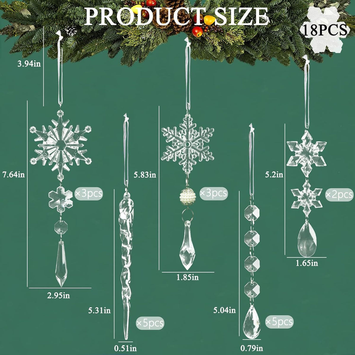 18Pcs Christmas Tree Decoration Crystal Christmas Decorations Hanging Acrylic Snowflakes and Icicles Christmas Tree Pendants