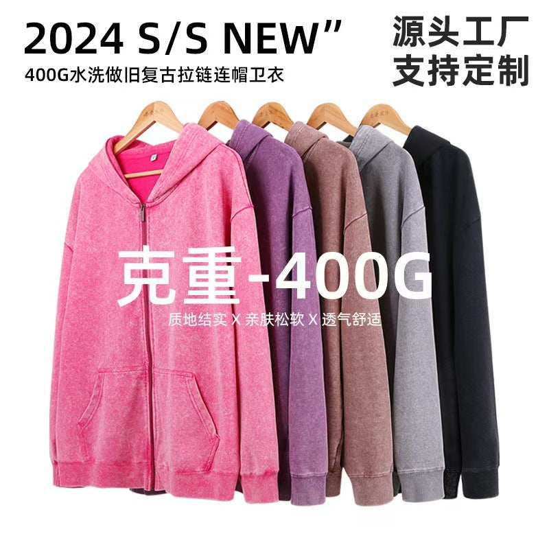 2025 New Autumn and Winter 400g Washed Retro Zipper Hooded Sweatshirt for Men and Women, Loose Casual Retro Top