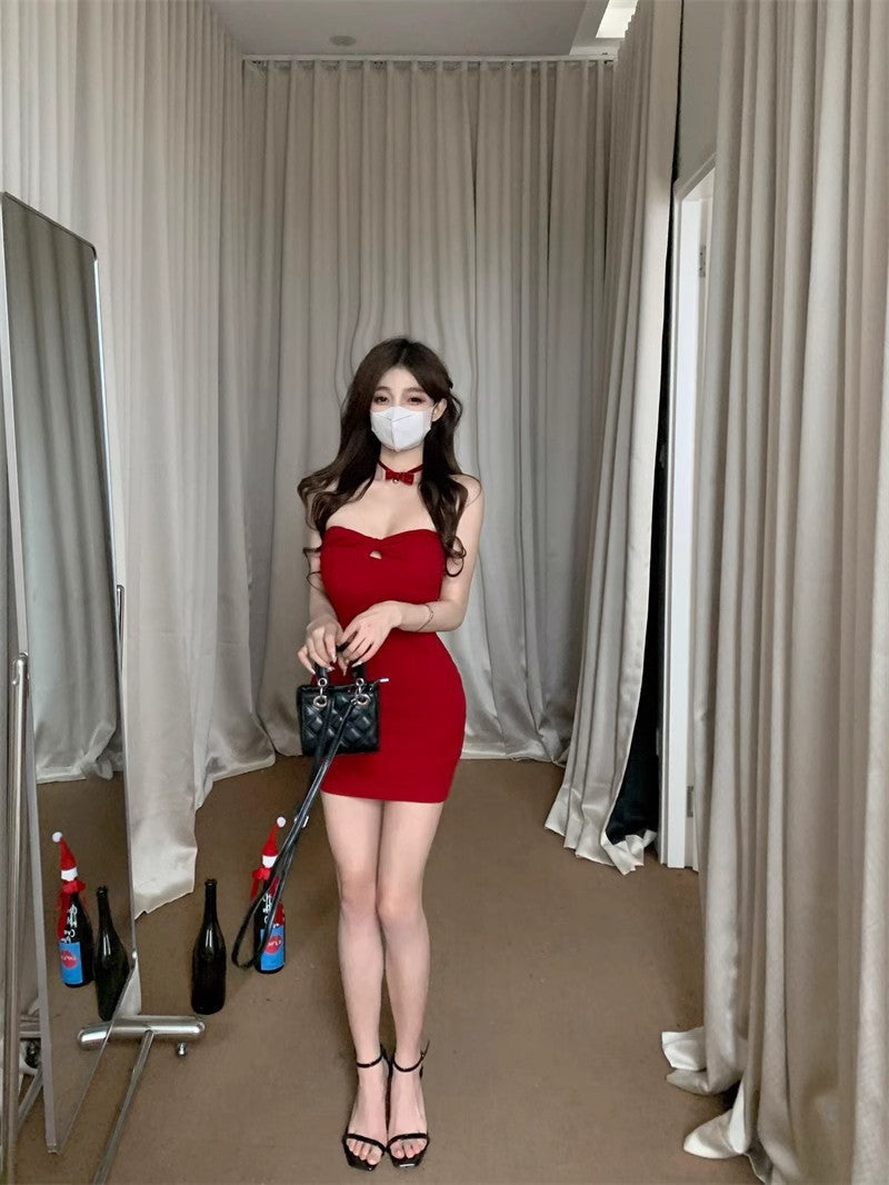 Pure Desire Christmas Red New Year's Shirt Hot Girl Tube Top Hollow Dress Spring and Autumn New Style Inner Layering Hip Skirt
