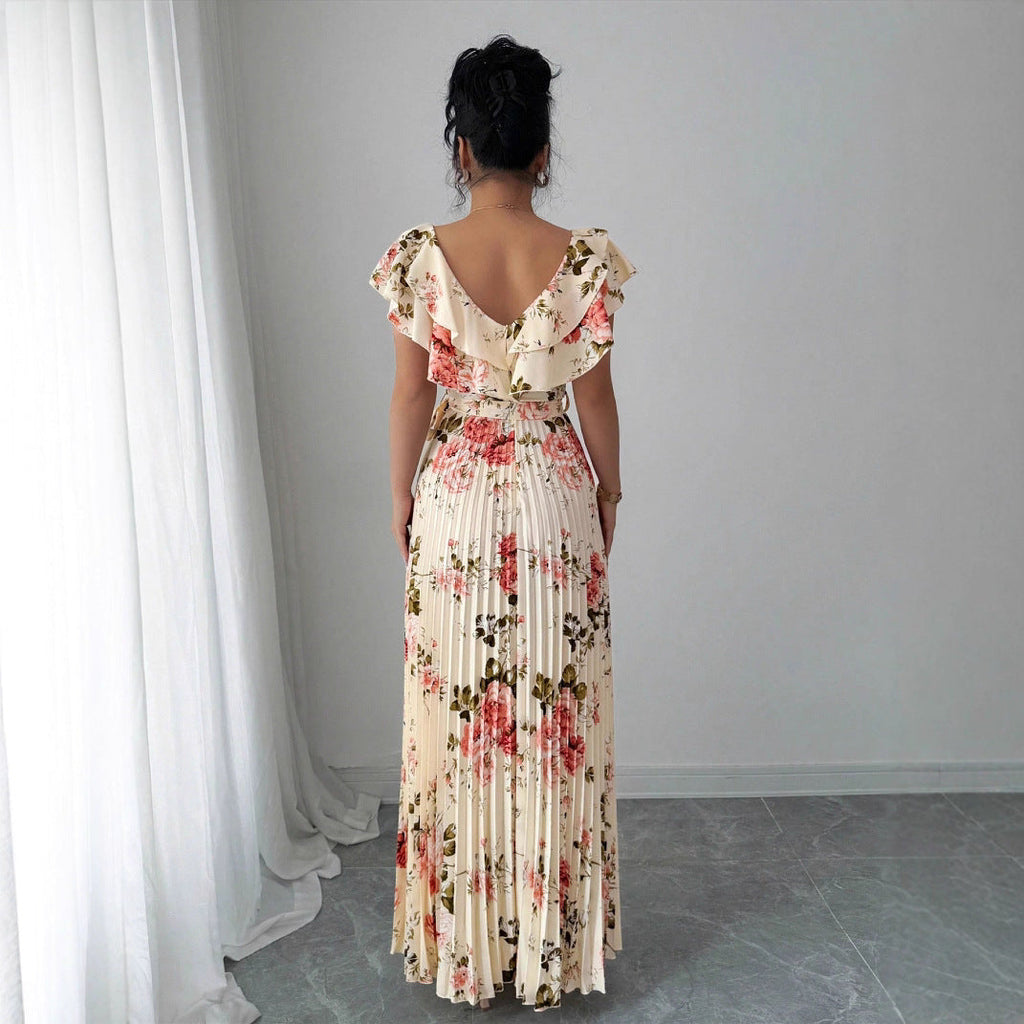 V-neck Digital Floral Print Ruffles Dress
