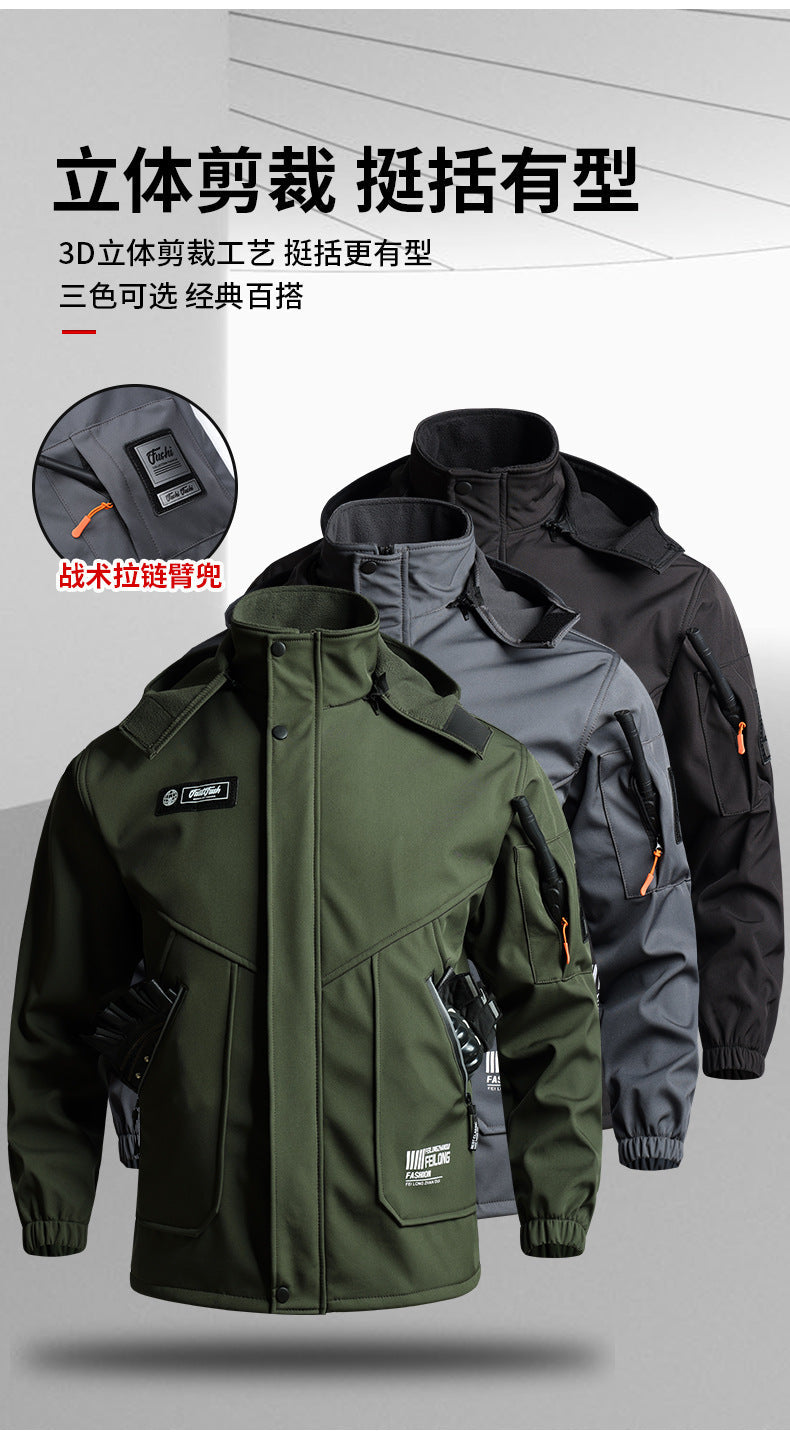 Men's Autumn and Winter Fleece-Lined Thickened Softshell Tactical Outdoor Sports Workwear Suit, Waterproof and Windproof