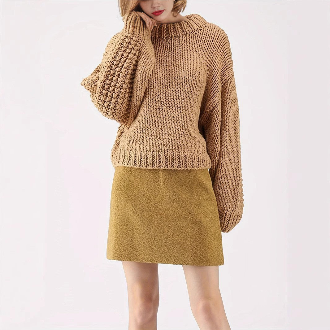 European and American Export Yellow Retro Style Thick Knitted Round Neck Sweater Women's Loose Lantern Sleeve Lazy Autumn and Winter Pullover Top