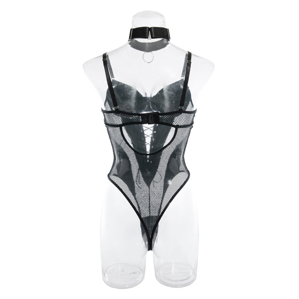 Europe and the United States cross-border supply nightclub hot girl PU leather mesh stitching strap waist backless sexy jumpsuit women's in stock