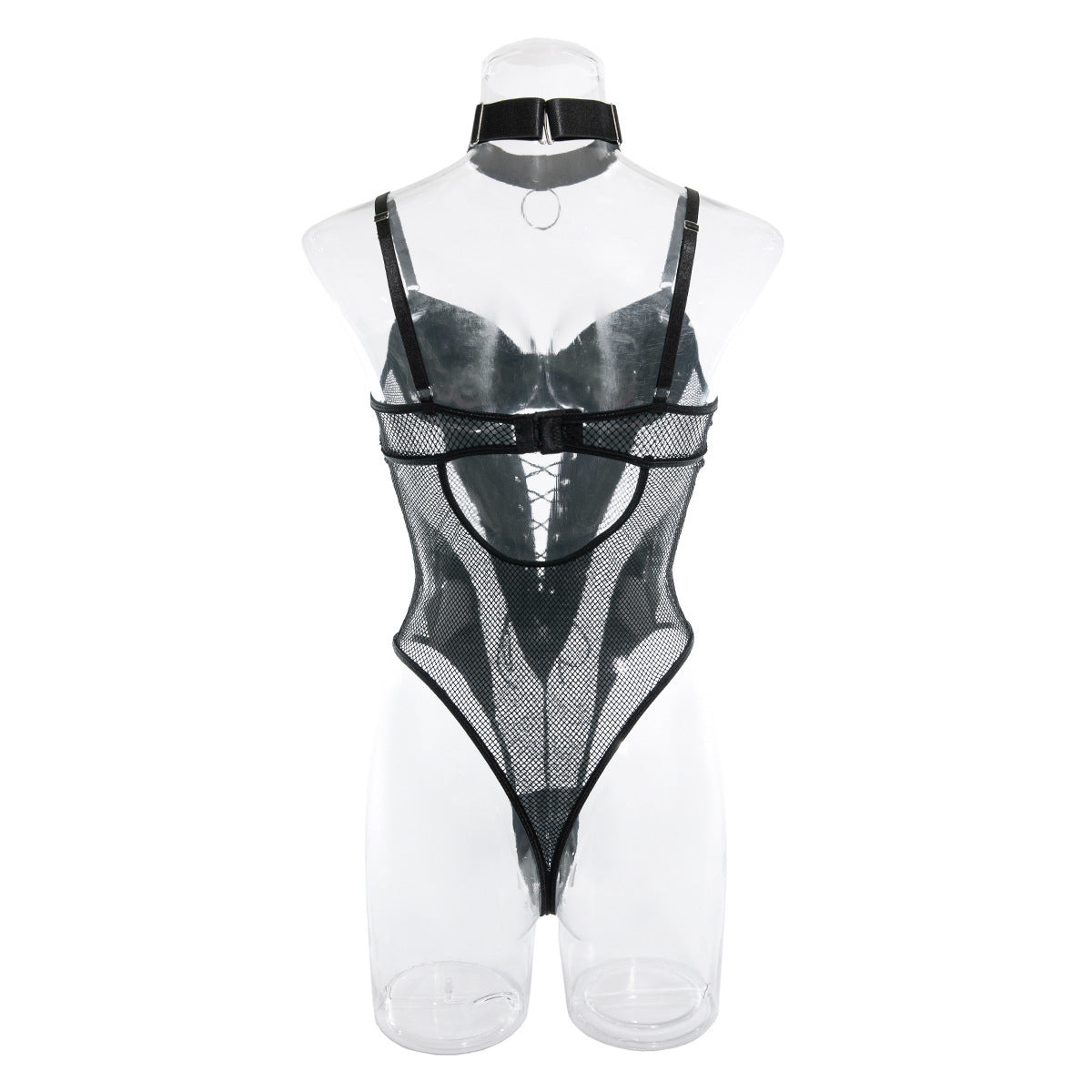 Europe and the United States cross-border supply nightclub hot girl PU leather mesh stitching strap waist backless sexy jumpsuit women's in stock